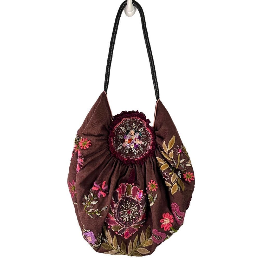 Antik Batik Brown Embroidered Shoulder Bag with Pink & Green Accents